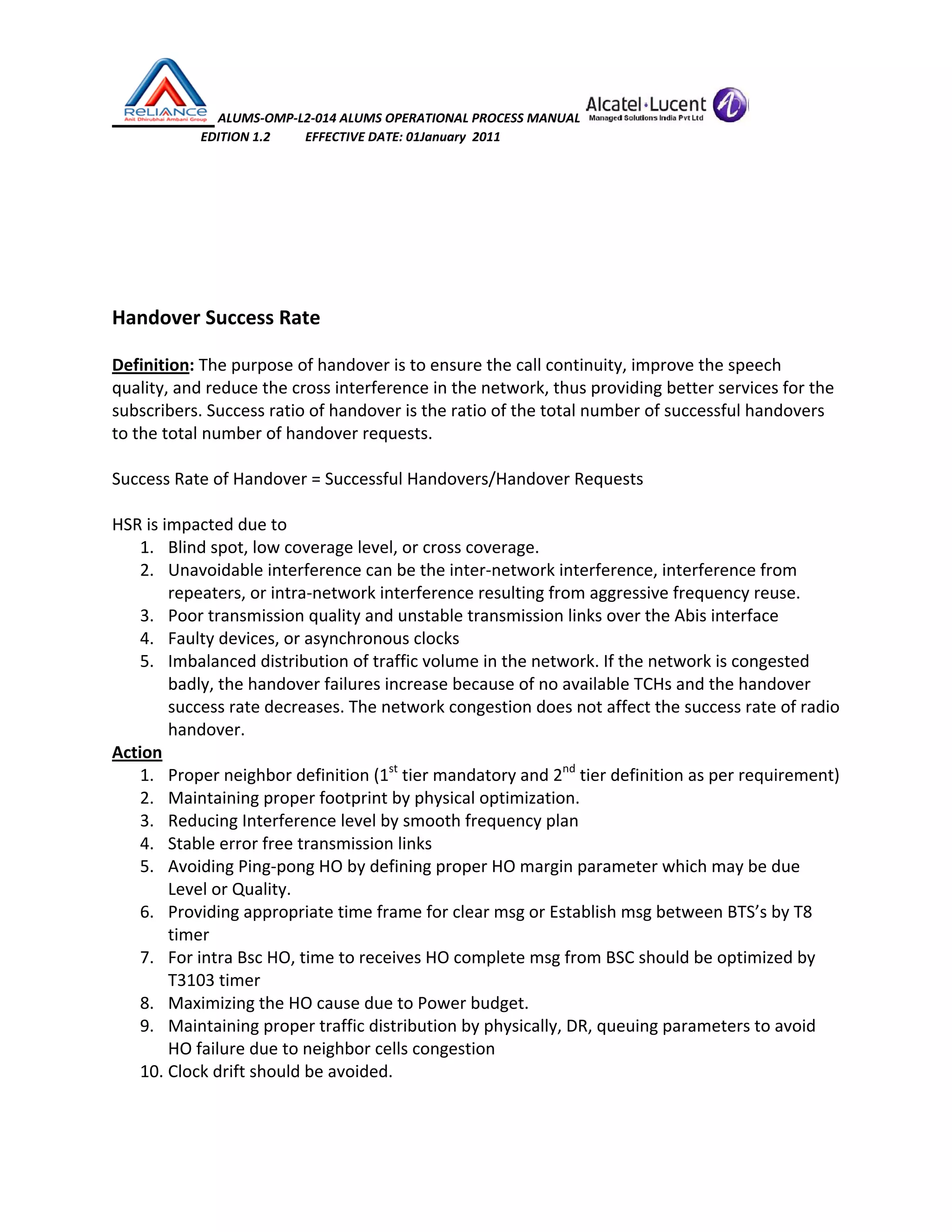  ALUMS‐OMP‐L2‐014 ALUMS OPERATIONAL PROCESS MANUAL   
                            EDITION 1.2           EFFECTIVE DATE: 01January  2011 
 
 
 
 
 
Handover Success Rate 
 
Definition: The purpose of handover is to ensure the call continuity, improve the speech 
quality, and reduce the cross interference in the network, thus providing better services for the 
subscribers. Success ratio of handover is the ratio of the total number of successful handovers 
to the total number of handover requests. 
 
Success Rate of Handover = Successful Handovers/Handover Requests 
 
HSR is impacted due to 
1. Blind spot, low coverage level, or cross coverage. 
2. Unavoidable interference can be the inter‐network interference, interference from 
repeaters, or intra‐network interference resulting from aggressive frequency reuse.  
3. Poor transmission quality and unstable transmission links over the Abis interface 
4. Faulty devices, or asynchronous clocks 
5. Imbalanced distribution of traffic volume in the network. If the network is congested 
badly, the handover failures increase because of no available TCHs and the handover 
success rate decreases. The network congestion does not affect the success rate of radio 
handover. 
Action 
1. Proper neighbor definition (1st
 tier mandatory and 2nd
 tier definition as per requirement) 
2. Maintaining proper footprint by physical optimization. 
3. Reducing Interference level by smooth frequency plan  
4. Stable error free transmission links 
5. Avoiding Ping‐pong HO by defining proper HO margin parameter which may be due 
Level or Quality. 
6. Providing appropriate time frame for clear msg or Establish msg between BTS’s by T8 
timer 
7. For intra Bsc HO, time to receives HO complete msg from BSC should be optimized by 
T3103 timer 
8. Maximizing the HO cause due to Power budget. 
9. Maintaining proper traffic distribution by physically, DR, queuing parameters to avoid 
HO failure due to neighbor cells congestion 
10. Clock drift should be avoided. 
 
 