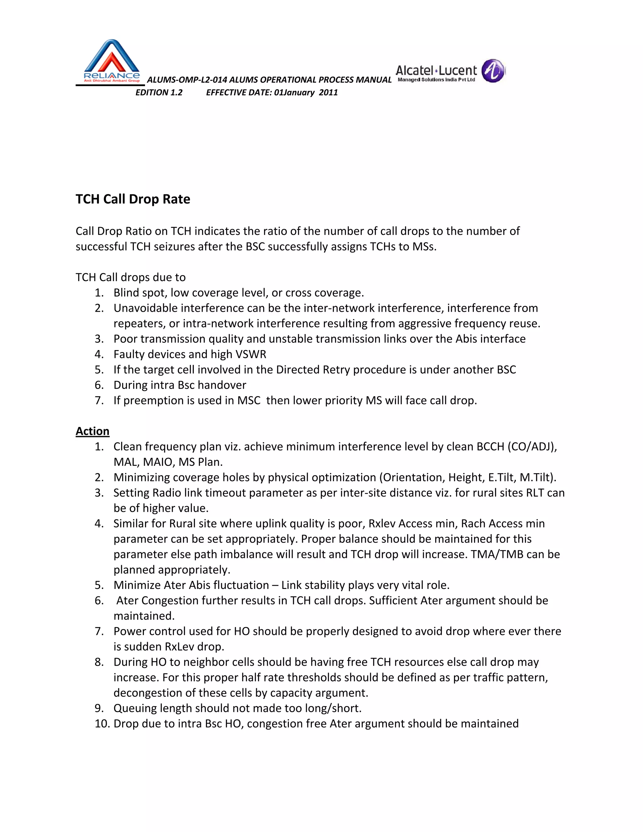  ALUMS‐OMP‐L2‐014 ALUMS OPERATIONAL PROCESS MANUAL   
                            EDITION 1.2           EFFECTIVE DATE: 01January  2011 
 
 
 
 
TCH Call Drop Rate 
 
Call Drop Ratio on TCH indicates the ratio of the number of call drops to the number of 
successful TCH seizures after the BSC successfully assigns TCHs to MSs. 
 
TCH Call drops due to 
1. Blind spot, low coverage level, or cross coverage. 
2. Unavoidable interference can be the inter‐network interference, interference from 
repeaters, or intra‐network interference resulting from aggressive frequency reuse.  
3. Poor transmission quality and unstable transmission links over the Abis interface 
4. Faulty devices and high VSWR 
5. If the target cell involved in the Directed Retry procedure is under another BSC 
6. During intra Bsc handover 
7. If preemption is used in MSC  then lower priority MS will face call drop. 
 
Action 
1. Clean frequency plan viz. achieve minimum interference level by clean BCCH (CO/ADJ), 
MAL, MAIO, MS Plan. 
2. Minimizing coverage holes by physical optimization (Orientation, Height, E.Tilt, M.Tilt). 
3. Setting Radio link timeout parameter as per inter‐site distance viz. for rural sites RLT can 
be of higher value. 
4. Similar for Rural site where uplink quality is poor, Rxlev Access min, Rach Access min 
parameter can be set appropriately. Proper balance should be maintained for this 
parameter else path imbalance will result and TCH drop will increase. TMA/TMB can be 
planned appropriately. 
5. Minimize Ater Abis fluctuation – Link stability plays very vital role. 
6.  Ater Congestion further results in TCH call drops. Sufficient Ater argument should be 
maintained. 
7. Power control used for HO should be properly designed to avoid drop where ever there 
is sudden RxLev drop. 
8. During HO to neighbor cells should be having free TCH resources else call drop may 
increase. For this proper half rate thresholds should be defined as per traffic pattern, 
decongestion of these cells by capacity argument. 
9. Queuing length should not made too long/short. 
10. Drop due to intra Bsc HO, congestion free Ater argument should be maintained 
 