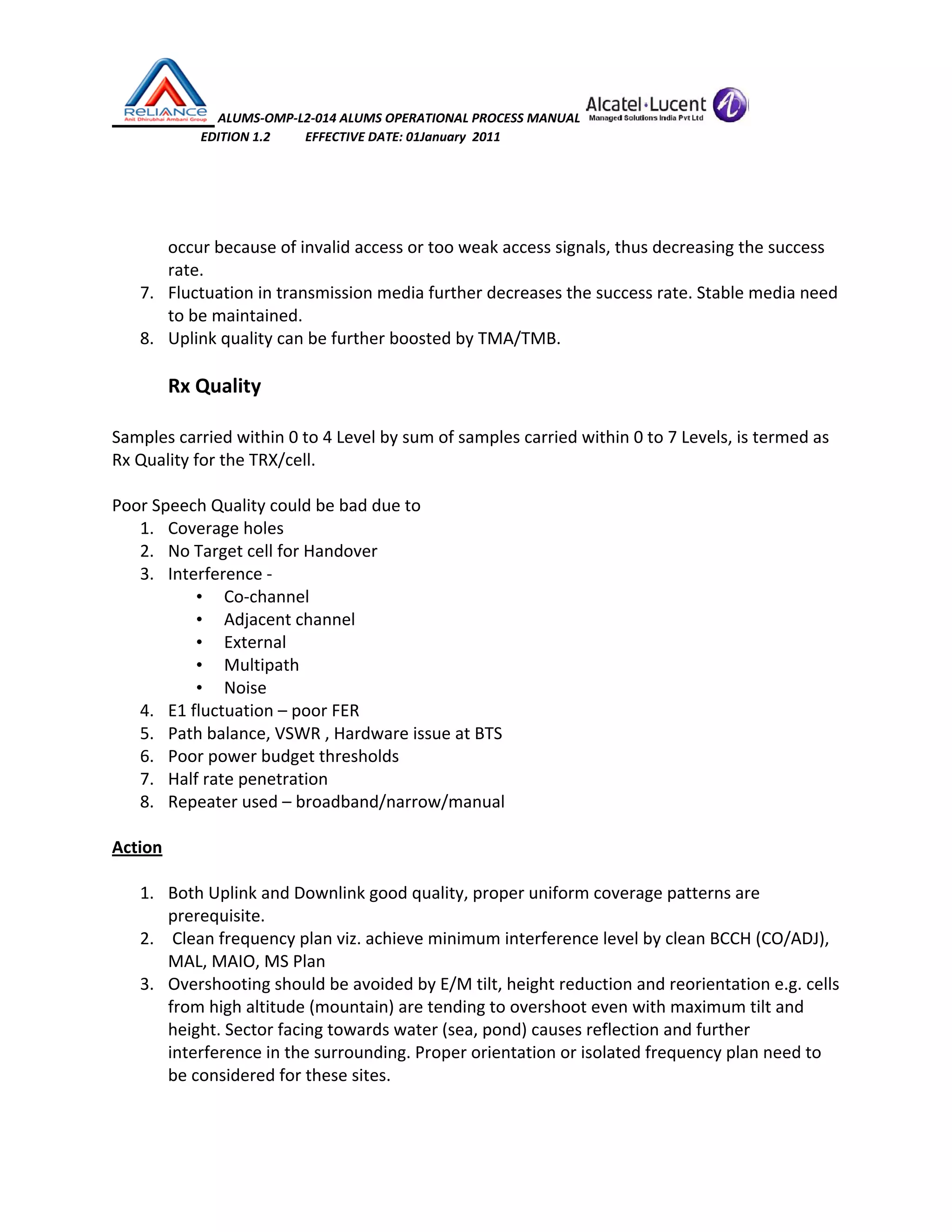  ALUMS‐OMP‐L2‐014 ALUMS OPERATIONAL PROCESS MANUAL   
                            EDITION 1.2           EFFECTIVE DATE: 01January  2011 
 
 
occur because of invalid access or too weak access signals, thus decreasing the success 
rate. 
7. Fluctuation in transmission media further decreases the success rate. Stable media need 
to be maintained. 
8. Uplink quality can be further boosted by TMA/TMB. 
 
Rx Quality 
 
Samples carried within 0 to 4 Level by sum of samples carried within 0 to 7 Levels, is termed as 
Rx Quality for the TRX/cell. 
 
Poor Speech Quality could be bad due to  
1. Coverage holes 
2. No Target cell for Handover 
3. Interference ‐ 
• Co‐channel 
• Adjacent channel 
• External 
• Multipath 
• Noise 
4. E1 fluctuation – poor FER 
5. Path balance, VSWR , Hardware issue at BTS 
6. Poor power budget thresholds 
7. Half rate penetration  
8. Repeater used – broadband/narrow/manual 
 
Action 
 
1. Both Uplink and Downlink good quality, proper uniform coverage patterns are 
prerequisite. 
2.  Clean frequency plan viz. achieve minimum interference level by clean BCCH (CO/ADJ), 
MAL, MAIO, MS Plan 
3. Overshooting should be avoided by E/M tilt, height reduction and reorientation e.g. cells 
from high altitude (mountain) are tending to overshoot even with maximum tilt and 
height. Sector facing towards water (sea, pond) causes reflection and further 
interference in the surrounding. Proper orientation or isolated frequency plan need to 
be considered for these sites. 
 