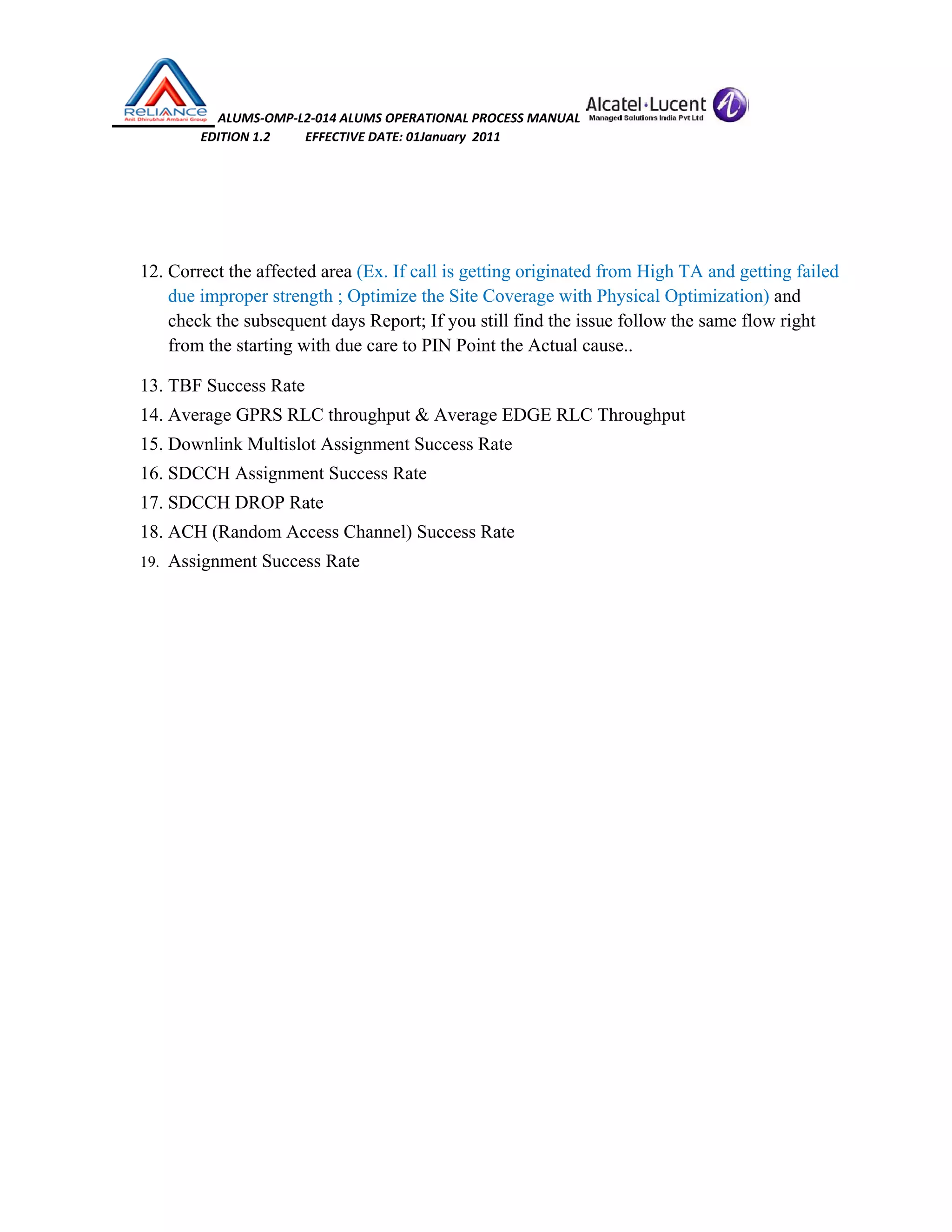  ALUMS‐OMP‐L2‐014 ALUMS OPERATIONAL PROCESS MANUAL   
                            EDITION 1.2           EFFECTIVE DATE: 01January  2011 
 
 
12. Correct the affected area (Ex. If call is getting originated from High TA and getting failed
due improper strength ; Optimize the Site Coverage with Physical Optimization) and
check the subsequent days Report; If you still find the issue follow the same flow right
from the starting with due care to PIN Point the Actual cause..
13. TBF Success Rate
14. Average GPRS RLC throughput & Average EDGE RLC Throughput
15. Downlink Multislot Assignment Success Rate
16. SDCCH Assignment Success Rate
17. SDCCH DROP Rate
18. ACH (Random Access Channel) Success Rate
19. Assignment Success Rate
 