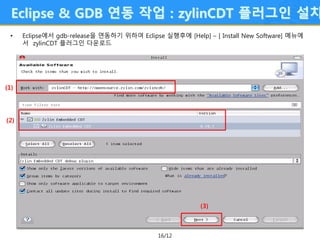 16/12
Eclipse & GDB 연동 작업 : zylinCDT 플러그인 설치
• Eclipse에서 gdb-release을 연동하기 위하여 Eclipse 실행후에 [Help] – [ Install New Software] 메뉴에
서 zylinCDT 플러그인 다운로드
(1)
(2)
(3)
 