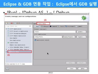 20/12
Eclipse & GDB 연동 작업 : Eclipse에서 GDB 실행
• [Run] - [Debug AS…] – [ Debug
Configurations]을 선택한다.
(1)
(2)
 
