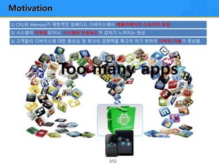 3/12
Motivation
1) CPU와 Memory가 제한적인 임베디드 디바이스에서 애플리케이션 스토어의 등장
2) 시스템이 리부팅되거나, 시스템의 반응속도가 갑자기 느려지는 현상
3) 고객들의 디바이스에 대한 충성심 및 회사의 경쟁력을 확고히 하기 위하여 디버깅 기술이 중요함.
Too many apps
 