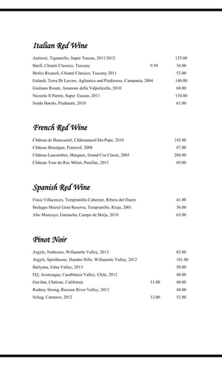 Italian Red Wine
Antinori, Tignanello, Super Tuscan, 2011/2012 135.00
Banfi, Chianti Classico, Tuscany 9.50 34.00
Brolio Ricasoli, Chianti Classico, Tuscany 2011 53.00
Galardi, Terra Di Lavoro, Aglianico and Piedirosso, Campania, 2004 140.00
Giuliano Rosati, Amarone della Valpolicella, 2010 68.00
Nozzole Il Pareto, Super Tuscan, 2011 110.00
Sordo Barolo, Piedmont, 2010 61.00
French Red Wine
Château de Beaucastel, Châteauneuf-Du-Pape, 2010 145.00
Château Bonalgue, Pomerol, 2008 87.00
Château Lascombes, Margaux, Grand Cru Classé, 2005 204.00
Château Tour du Roc Milon, Pauillac, 2011 69.00
Spanish Red Wine
Finca Villacreces, Tempranillo-Cabernet, Ribera del Duero 41.00
Bodegas Muriel Gran Reserva, Tempranillo, Rioja, 2001 56.00
Alto Moncayo, Garnacha, Campo de Borja, 2010 63.00
Pinot Noir
Argyle, Nuthouse, Willamette Valley, 2012 82.00
Argyle, Spirithouse, Dundee Hills, Willamette Valley, 2012 101.00
Bailyana, Edna Valley, 2013 50.00
EQ, Aconcaqua, Casablanca Valley, Chile, 2012 48.00
Gavilan, Chalone, California 11.00 40.00
Rodney Strong, Russian River Valley, 2013 44.00
Schug, Carneros, 2012 12.00 52.00
 