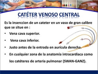 Es la inserccion de un cateter en un vaso de gran calibre
que se situe en :
• Vena cava superior.
•   Vena cava inferior.
• Justo antes de la entrada en aurícula derecha.
• En cualquier zona de la anatomía intracardiaca como
    los catéteres de arteria pulmonar (SWAN-GANZ).
 