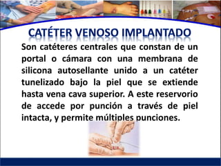 Son catéteres centrales que constan de un
portal o cámara con una membrana de
silicona autosellante unido a un catéter
tunelizado bajo la piel que se extiende
hasta vena cava superior. A este reservorio
de accede por punción a través de piel
intacta, y permite múltiples punciones.
 