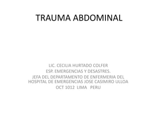 TRAUMA ABDOMINAL



         LIC. CECILIA HURTADO COLFER
       ESP. EMERGENCIAS Y DESASTRES.
 JEFA DEL DEPARTAMENTO DE ENFERMERIA DEL
HOSPITAL DE EMERGENCIAS JOSE CASIMIRO ULLOA
             OCT 1012 LIMA PERU
 