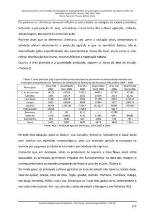 Geoprocessamento como estratégia de investigação do espaço geográfico: uma abordagem socioambiental aplicada ao território de 
identidade sertão do São Francisco (BA), 2004 a 2006 
Marcia Aparecida Procopio da Silva Scheer 
Revista do Departamento de Geografia – USP, Volume Especial Cartogeo (2014), p. 242-285. 
265 
Os parâmetros climáticos exercem influência sobre todos os estágios da cadeia produtiva, incluindo a preparação do solo, semeadura, crescimento dos cultivos agrícolas, colheita, armazenagem, transporte e comercialização. Pode-se dizer que os elementos climáticos, tais como a radiação solar, temperatura e umidade afetam diretamente a produção agrícola e que no semiárido baiano, isto é, intensificado pelas especificidades das características físicas do local, assim como o solo, relevo, distribuição das chuvas, recursos hídricos e vegetação natural. Quanto a área plantada e a quantidade produzida, seguem os totais da área de estudo. (Tabela 2). Tabela 2. Área plantada (ha) e quantidade produzida (lavoura permanente e temporária) referente aos municípios componentes do Território de Identidade do Sertão do São Francisco (BA), triênio 2004 – 2006. 
Municípios 
Área (ha) 2004 
Quantidade (ton) 2004 
Área (ha) 2005 
Quantidade (ton) 2005 
Área (ha) 2006 
Quantidade (ton) 2006 
C. A. de Lourdes 
14121 
42262 
13252 
44873 
10750 
32380 
Canudos 
3291 
15427 
2160 
11056 
2513 
17263 
Casa Nova 
5148 
46132 
5968 
75100 
9762 
122347 
Curaçá 
5695 
59949 
4408 
72444 
5877 
100370 
Juazeiro 
28704 
1363333 
32947 
1821327 
38979 
1735402 
Pilão Arcado 
12469 
- 
12519 
- 
9277 
- 
Remanso 
20 
80 
9310 
- 
13240 
- 
Sento Sé 
5270 
69666 
4730 
67315 
6451 
84831 
Sobradinho 
583 
4683 
613 
6366 
728 
7931 
Uauá 
3455 
5000 
2885 
6872 
3428 
5134 
Fonte: IBGE – Produção Agrícola Municipal, 2004, 2005 e 2006. Perante esta situação, pode-se deduzir que Canudos, Remanso, Sobradinho e Uauá estão mais sujeitos aos episódios meteorológicos, pois sua atividade agrícola é composta na maioria por pequenos produtores e também por criadores de caprinos. Enquanto que, em destaque, estão os produtores de Juazeiro e Casa Nova, onde estão localizados os principais perímetros irrigados em funcionamento na data das imagens e consequentemente os maiores produtores de frutas e cana-de-açúcar. (Tabela 3). De modo geral, os principais cultivos agrícolas da área de estudo são: banana, batata doce, cana-de-açúcar, cebola, coco da baía, feijão, goiaba, mamão, mamona, mandioca, manga, maracujá, melancia, milho, sisal e uva. Sendo que as frutas tem, quase certo, como destino o mercado internacional. Por isso, uma das razões de existir o Aeroporto em Petrolina (PE).  
