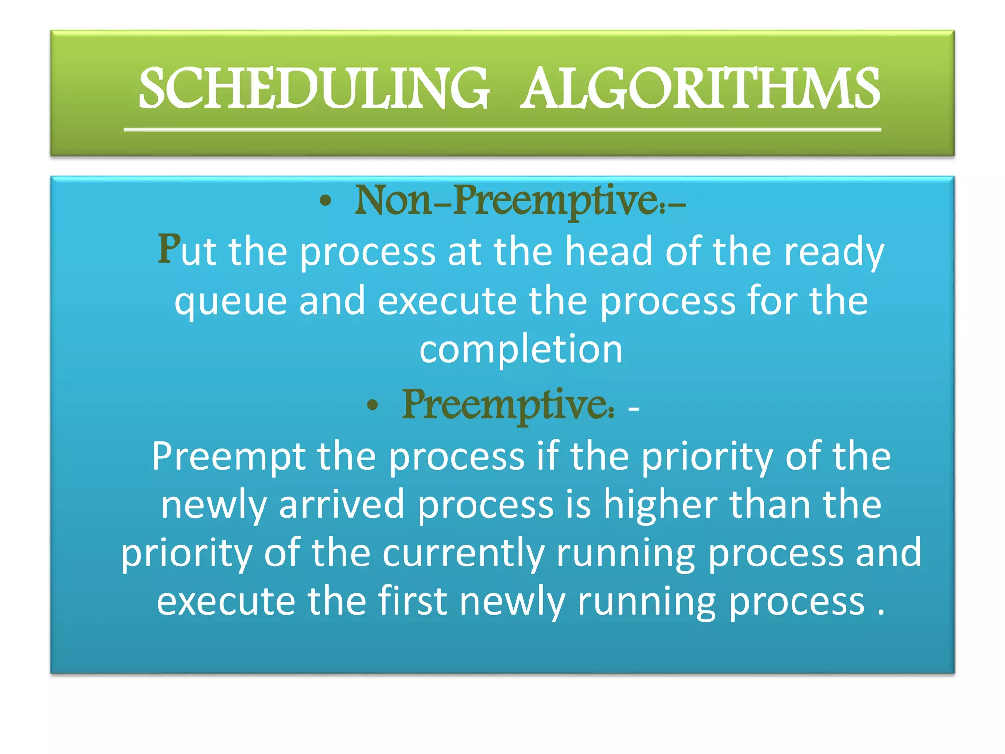 SCHEDULING ALGORITHMS
• Non-Preemptive:-
Put the process at the head of the ready
queue and execute the process for the
completion
• Preemptive: -
Preempt the process if the priority of the
newly arrived process is higher than the
priority of the currently running process and
execute the first newly running process .
 