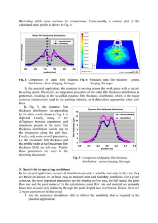 illustrating stable cross sections for comparisons. Consequently, a contour plot of the
calculated static profile is shown in Fig. 4.
Static film thickness distribution
0
5
10
15
20
25
30
35
40
45
50
-500 -300 -100 100 300 500
position (mm)
filmthickness(µm)
measurement
simulation
Fig. 3: Comparison of static film thickness
distribution – direct charging, flat target
Fig. 4: Simulated static film thickness – corona
charging, flat target
In the practical application, the atomizer is moving across the work piece with a certain
travelling speed. Physically, an integration procedure of the static film thickness distribution is
performed, resulting in the so-called dynamic film thickness distribution, which is the major
atomizer characteristic used in the painting industry, as it determines appropriate robot path
lines.
In Fig. 5, the dynamic film
thickness distribution corresponding
to the static result shown in Fig. 4 is
depicted. Clearly, many of the
differences between experiment and
simulation present in the static film
thickness distribution vanish due to
the integration along the path line.
Finally, only some overall parameters,
i.e. the maximum film thickness and
the profile width at half maximum film
thickness Sb50, are left over. Mainly
these parameters are used in the
following discussion.
5. Sensitivity to operating conditions
In the present application, numerical simulations provide a sensible tool only in the case they
are based on known, or, at least, easy to measure inlet and boundary conditions. For a given
atomizer, the most important parameters are the shaping airflow rate, the bell speed, the paint
flow rate and the paint material. In the calculations, paint flow rate and material are primarily
taken into account only indirectly through the paint droplet size distribution. Hence, there are
2 major questions to be discussed:
1. Are the numerical simulations able to deliver the sensitivity that is required in the
practical application?
Fig. 5: Comparison of dynamic film thickness
distribution – corona charging, flat target
Dynamic film thickness distribution
0
2
4
6
8
10
12
14
-0.6 -0.4 -0.2 0.0 0.2 0.4 0.6
position (m)
filmthickness(µm)
measurement
simulation
 