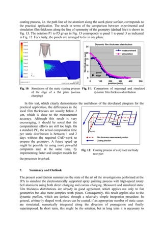 coating process, i.e. the path line of the atomizer along the work piece surface, corresponds to
the practical application. The result in terms of the comparison between experimental and
simulation film thickness along the line of symmetry of the geometry (dashed line) is shown in
Fig. 13. The notation P1 to P5 given in Fig. 13 corresponds to panel 1 to panel 5 as indicated
in Fig. 12. For clarity, the panels are arranged to lie in one plane.
Dynamic film thickness distribution
0
5
10
15
20
25
0 100 200 300 400 500
position (mm)
filmthickness(µm)
measurement
simulation
panel
edge
Fig. 10: Simulation of the static coating process
of the edge of a flat plate (corona
charging)
Fig. 11: Comparison of measured and simulated
dynamic film thickness distribution
In this test, which clearly demonstrates the usefulness of the developed program for the
practical application, the differences in the
local film thicknesses are usually below 2
µm, which is close to the measurement
accuracy. Although this result is very
encouraging, it should be noted that the
computational efforts are still too high. On
a standard PC, the actual computation time
per static distribution is between 1 and 2
days without the required CAD-work to
prepare the geometry. A future speed up
might be possible by using more powerful
computers and, at the same time, by
implementing faster and simpler models for
the processes involved.
7. Summary and Outlook
The present contribution summarizes the state of the art of the investigations performed at the
IPA to simulate the electrostatically supported spray painting process with high-speed rotary
bell atomizers using both direct charging and corona charging. Measured and simulated static
film thickness distributions are already in good agreement, which applies not only to flat
geometries but also more complex work pieces. Consequently, this result applies also to the
dynamic profiles, which are derived through a relatively simple integration procedure. In
general, arbitrarily shaped work pieces can be coated, if an appropriate number of static cases
are simulated, numerically integrated along the direction of propagation and finally
superimposed. In short term, this might be the solution, but in long term it is necessary to
Fig. 12: Coating process of a stylised car body
rear part
 