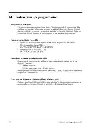 1.1       Instrucciones de programación

     Programación de fábrica
             Este sistema tiene una programación de fábrica. Si algún aspecto de la programación debe
             cambiarse, encontrará la información necesaria en la Guía de Funciones. De esta forma el
             sistema es muy fácil de instalar y personalizar según las preferencias del usuario. Todos los
             cambios que necesite el usuario se pueden escribir en las “Tablas de programación”.


     Componente telefónico requerido
             Se requiere uno de los siguientes modelos de TE para la Programación del sistema:
             • Teléfono específico digital (TED):
                KX-T7536, KX-T7533, KX-T7235, KX-T7230
             • Teléfono específico analógico (TEA):
                KX-T7130, KX-T7030, KX-T7033


     Extensiones utilizadas para la programación
             Conecte uno de los componentes telefónicos mencionados anteriormente a uno de los
             siguientes conectores:
                • Conector número 01
                • Conector programado como extensión maestra
             Para asignar la extensión maestra, consulte la Sección 2.1 [006] Asignación de la extensión
             de operadora / administrador


     Programación de usuario (Programación de administrador)
             Cualquier usuario de teléfono específico puede acceder a los elementos de programación de
             administrador en el sistema. Consulte la sección 1.5 Programación del usuario.




12                                                                       Instrucciones de programación
 