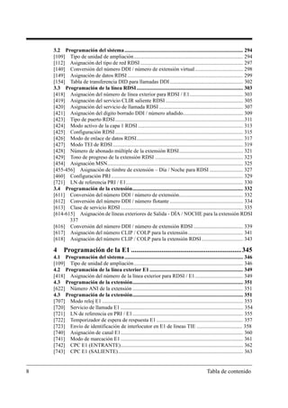 3.2 Programación del sistema ......................................................................................... 294
    [109] Tipo de unidad de ampliación.................................................................................. 294
    [112] Asignación del tipo de red RDSI ............................................................................. 297
    [140] Conversión del número DDI / número de extensión virtual .................................... 298
    [149] Asignación de datos RDSI ....................................................................................... 299
    [154] Tabla de transferencia DID para llamadas DDI ....................................................... 302
    3.3 Programación de la línea RDSI ................................................................................ 303
    [418] Asignación del número de línea exterior para RDSI / E1........................................ 303
    [419] Asignación del servicio CLIR saliente RDSI .......................................................... 305
    [420] Asignación del servicio de llamada RDSI ............................................................... 307
    [421] Asignación del dígito borrado DDI / número añadido............................................. 309
    [423] Tipo de puerto RDSI .................................................................................................311
    [424] Modo activo de la capa 1 RDSI ............................................................................... 313
    [425] Configuración RDSI ................................................................................................ 315
    [426] Modo de enlace de datos RDSI................................................................................ 317
    [427] Modo TEI de RDSI.................................................................................................. 319
    [428] Número de abonado múltiple de la extensión RDSI................................................ 321
    [429] Tono de progreso de la extensión RDSI .................................................................. 323
    [454] Asignación MSN...................................................................................................... 325
    [455-456] Asignación de timbre de extensión – Día / Noche para RDSI ......................... 327
    [460] Configuración PRI ................................................................................................... 329
    [721] LN de referencia PRI / E1........................................................................................ 330
    3.4 Programación de la extensión................................................................................... 332
    [611] Conversión del número DDI / número de extensión................................................ 332
    [612] Conversión del número DDI / número flotante ....................................................... 334
    [613] Clase de servicio RDSI ............................................................................................ 335
    [614-615] Asignación de líneas exteriores de Salida - DÍA / NOCHE para la extensión RDSI
           337
    [616] Conversión del número DDI / número de extensión RDSI ..................................... 339
    [617] Asignación del número CLIP / COLP para la extensión ......................................... 341
    [618] Asignación del número CLIP / COLP para la extensión RDSI ............................... 343

    4     Programación de la E1 ................................................................. 345
    4.1 Programación del sistema ......................................................................................... 346
    [109] Tipo de unidad de ampliación.................................................................................. 346
    4.2 Programación de la línea exterior E1 ...................................................................... 349
    [418] Asignación del número de la línea exterior para RDSI / E1.................................... 349
    4.3 Programación de la extensión................................................................................... 351
    [622] Número ANI de la extensión ................................................................................... 351
    4.3 Programación de la extensión................................................................................... 351
    [707] Modo reloj E1 .......................................................................................................... 353
    [720] Servicio de llamada E1 ............................................................................................. 354
    [721] LN de referencia en PRI / E1................................................................................... 355
    [722] Temporizador de espera de respuesta E1 ................................................................. 357
    [723] Envío de identificación de interlocutor en E1 de líneas TIE .................................. 358
    [740] Asignación de canal E1............................................................................................ 360
    [741] Modo de marcación E1 ............................................................................................ 361
    [742] CPC E1 (ENTRANTE)............................................................................................ 362
    [743] CPC E1 (SALIENTE).............................................................................................. 363


8                                                                                                       Tabla de contenido
 