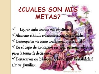 ¿CUALES SON MIS
METAS?
 Lograr cada uno de mis objetivos.
Alcanzar el titulo en administración cantable.
Desempeñarme como una buena profesional .
En el capo de aplicación ser una persona objetiva
para la toma de decisiones.
Destacarme en lo laboral y brindar una estabilidad
al nivel familiar.
9
MI PROYECTO DE VIDA
 