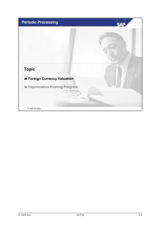 Periodic Processing




   Topic

      Foreign Currency Valuation

      Depreciation Posting Program




      SAP AG 2003




© SAP AG                           AC210   5-5
 