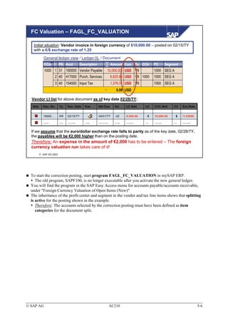 FC Valuation – FAGL_FC_VALUATION

   Initial situation: Vendor invoice in foreign currency of $10,000.00 – posted on 02/15/TY
   with a €/$ exchange rate of 1.25

           General ledger view / Ledger 0L / Document
           19000...:PK Acct
           CCd I               Description      Amount Curr. Tx CCtr              PC    Segment
           1000 1 31 160000 Vendor Payable          10,000.00- USD V9             1000 SEG A
                    2 40 417000 Purch. Services          8,620.69 USD V9 1000     1000 SEG A
                    3 40 154000 Input Tax                1,379.31 USD V9          1000 SEG A
                                                            0,00 USD

  Vendor LI list for above document as of key date 02/28/TY:
   Stat.   Doc. No.    Ty.   Doc. Date   Due   Net Due     Int.   LC Amt     LC   CCC Amt     CC   Exc.Rate


           19000…      KR    02/15/TY          04/01/TY    -32    8,000.00    €   10,000.00    $   /1.25000

           ……          ….    ……..        …..   ……….        …..    …….        …    …….         …    ……..


  If we assume that the euro/dollar exchange rate falls to parity as of the key date, 02/28/TY,
  the payables will be €2,000 higher than on the posting date.
  Therefore: An expense in the amount of €2,000 has to be entered – The foreign
  currency valuation run takes care of it!
        SAP AG 2003




  To start the correction posting, start program FAGL_FC_VALUATION in mySAP ERP.
     The old program, SAPF100, is no longer executable after you activate the new general ledger.
  You will find the program in the SAP Easy Access menu for accounts payable/accounts receivable,
  under "Foreign Currency Valuation of Open Items (New)"
  The inheritance of the profit center and segment in the vendor and tax line items shows that splitting
  is active for the posting shown in the example.
     Therefore: The accounts selected by the correction posting must have been defined as item
     categories for the document split.




© SAP AG                                              AC210                                                   5-6
 