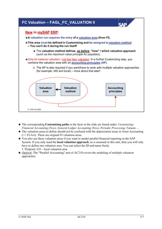 FC Valuation – FAGL_FC_VALUATION II

    New in mySAP ERP:
      A valuation run requires the entry of a valuation area (from FI).
      This area must be defined in Customizing and be assigned a valuation method
      – You can't do it during the run itself!
              The valuation method defines, as before, "how" / which valuation approach
              (such as the maximum value principle for payables).
      Only for balance valuation / not line item valuation: In a further Customizing step, you
      combine the valuation area with an accounting principles (AP).
           o The AP is also required if you want/have to work with multiple valuation approaches
             (for example, IAS and local) – more about that later!




                 Valuation           Valuation                           Accounting
                   area               method                              principles




       SAP AG 2003




  The corresponding Customizing paths to the facts in the slide are found under: Customizing:
  Financial Accounting (New), General Ledger Accounting (New), Periodic Processing, Valuate, ...
  The valuation areas to define should not be confused with the depreciation areas in Asset Accounting
  (=> FI-AA). These are original FI valuation areas.
  You also use these valuation areas if you want to model parallel financial reporting in the SAP
  System. If you only need the local valuation approach, as is assumed in this unit, then you will only
  have to define one valuation area. You can select the ID and name freely.
    Proposal: LO – local valuation area
  Outlook: The "Parallel Accounting" unit of AC210 covers the modeling of multiple valuation
  approaches.




© SAP AG                                         AC210                                              5-7
 