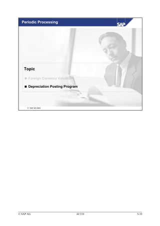 Periodic Processing




   Topic

      Foreign Currency Valuation

      Depreciation Posting Program




      SAP AG 2003




© SAP AG                           AC210   5-10
 