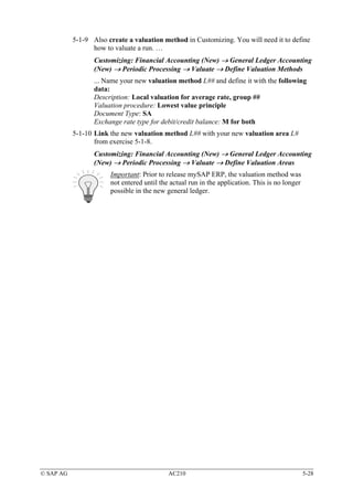 5-1-9 Also create a valuation method in Customizing. You will need it to define
                 how to valuate a run. …
                  Customizing: Financial Accounting (New) → General Ledger Accounting
                  (New) → Periodic Processing → Valuate → Define Valuation Methods
                  ... Name your new valuation method L## and define it with the following
                  data:
                  Description: Local valuation for average rate, group ##
                  Valuation procedure: Lowest value principle
                  Document Type: SA
                  Exchange rate type for debit/credit balance: M for both
           5-1-10 Link the new valuation method L## with your new valuation area L#
                  from exercise 5-1-8.
                  Customizing: Financial Accounting (New) → General Ledger Accounting
                  (New) → Periodic Processing → Valuate → Define Valuation Areas
                       Important: Prior to release mySAP ERP, the valuation method was
                       not entered until the actual run in the application. This is no longer
                       possible in the new general ledger.




© SAP AG                                    AC210                                               5-28
 