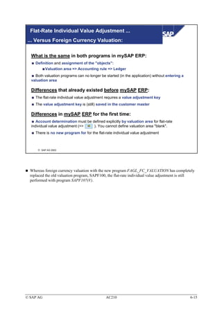 Flat-Rate Individual Value Adjustment ...
... Versus Foreign Currency Valuation:

  What is the same in both programs in mySAP ERP:
     Definition and assignment of the "objects":
           Valuation area => Accounting rule => Ledger
    Both valuation programs can no longer be started (in the application) without entering a
  valuation area

  Differences that already existed before mySAP ERP:
     The flat-rate individual value adjustment requires a value adjustment key
     The value adjustment key is (still) saved in the customer master

  Differences in mySAP ERP for the first time:
     Account determination must be defined explicitly by valuation area for flat-rate
  individual value adjustment (=>   ). You cannot define valuation area "blank".
     There is no new program for for the flat-rate individual value adjustment



       SAP AG 2003




  Whereas foreign currency valuation with the new program FAGL_FC_VALUATION has completely
  replaced the old valuation program, SAPF100, the flat-rate individual value adjustment is still
  performed with program SAPF107(V).




© SAP AG                                      AC210                                            6-15
 