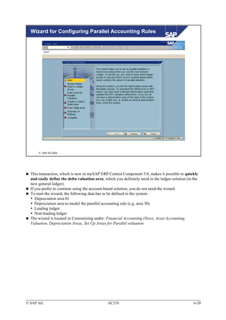 Wizard for Configuring Parallel Accounting Rules




       SAP AG 2003




  This transaction, which is new in mySAP ERP Central Component 5.0, makes it possible to quickly
  and easily define the delta valuation area, which you definitely need in the ledger solution (in the
  new general ledger).
  If you prefer to continue using the account-based solution, you do not need the wizard.
  To start the wizard, the following data has to be defined in the system:
     Depreciation area 01
     Depreciation area to model the parallel accounting rule (e.g. area 30)
     Leading ledger
     Non-leading ledger
  The wizard is located in Customizing under: Financial Accounting (New), Asset Accounting,
  Valuation, Depreciation Areas, Set Up Areas for Parallel valuation




© SAP AG                                        AC210                                              6-20
 