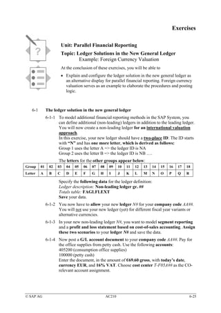 Exercises

                          Unit: Parallel Financial Reporting
                          Topic: Ledger Solutions in the New General Ledger
                                  Example: Foreign Currency Valuation
                          At the conclusion of these exercises, you will be able to
                          • Explain and configure the ledger solution in the new general ledger as
                            an alternative display for parallel financial reporting. Foreign currency
                            valuation serves as an example to elaborate the procedures and posting
                            logic.



    6-1        The ledger solution in the new general ledger
               6-1-1 To model additional financial reporting methods in the SAP System, you
                     can define additional (non-leading) ledgers in addition to the leading ledger.
                     You will now create a non-leading ledger for an international valuation
                     approach.
                     In this exercise, your new ledger should have a two-place ID: The ID starts
                     with “N” and has one more letter, which is derived as follows:
                     Group 1 uses the letter A => the ledger ID is NA
                     Group 2 uses the letter B => the ledger ID is NB ….
                      The letters for the other groups appear below:
Group     01     02   03     04   05   06   07   08    09     10   11   12   13   14   15   16    17   18
Letter    A      B    C      D    E    F    G    H     I      J    K    L    M    N    O    P     Q    R

                      Specify the following data for the ledger definition:
                      Ledger description: Non-leading ledger gr. ##
                      Totals table: FAGLFLEXT
                      Save your data.
               6-1-2 You now have to allow your new ledger N# for your company code AA##.
                     You will not use your new ledger (yet) for different fiscal year variants or
                     alternative currencies.
               6-1-3 In your new non-leading ledger N#, you want to model segment reporting
                     and a profit and loss statement based on cost-of-sales accounting. Assign
                     these two scenarios to your ledger N# and save the data.
               6-1-4 Now post a G/L account document to your company code AA##. Pay for
                     the office supplies from petty cash. Use the following accounts:
                     405200 (consumption office supplies)
                     100000 (petty cash)
                     Enter the document, in the amount of €69.60 gross, with today’s date,
                     currency EUR, and 16% VAT. Choose cost center T-F05A## as the CO-
                     relevant account assignment.




© SAP AG                                              AC210                                                6-25
 