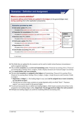 Scenarios – Definition and Assignment

 What is a scenario definition?
 A scenario defines which fields are updated in the ledgers (in the general ledger view)
 during a posting (from other application components).


   Scenarios provided by SAP:
     Cost center update (FIN_CCA)
           Update of the sender cost center and receiver cost center fields
     Preparation for consolidation (FIN_CONS)
                                                                                      Ledgers:
           Update of consolidation transaction type and trading partner fields
     Business area (FIN_GSBER)                                                        Leading ledger
                                                                                      (0L)
           Update of the sender business area and receiver business area fields
                                                                                      Non-leading
     Profit center update (FIN_PCA)                                                   ledger (N1)
                                                                                      Non-leading
           Update of profit center and partner PC fields
                                                                                      ledger (N2)
     Segmentation (FIN_SEGM)
                                                                                      ...
           Update of the segment, partner segment, and PC fields
     Cost-of-sales accounting (FIN_UKV)
           Update of the sender functional area and receiver functional area fields


       SAP AG 2003




  The fields that are updated by the scenarios can be used to model certain business circumstances –
  such as segment reporting.
  The available scenarios are available in Customizing under: Financial Accounting (New), Financial
  Accounting Basic Settings (New), Ledgers, Fields, Display Scenarios for General Ledger Accounting
  You cannot define your own scenarios.
  The provided scenarios are assigned to the ledgers in Customizing: Financial Accounting (New),
  Financial Accounting Basic Settings (New), Ledgers, Ledger, Assign Scenarios and Customer Fields
  to Ledgers
     Important: A ledger (=> the leading ledger in any case) can be assigned one or more scenarios,
     or even all six at once!
     The decision as to how many scenarios to assign depends solely on which "facts" / "business
     aspects" you want to model in the general ledger.
  You do not necessarily have to define non-leading ledgers, which means scenarios do not have to be
  assigned to non-leading ledgers either. Important: You do not need one ledger for each scenario!
  Multiple/non-leading ledgers are useful for modeling different accounting rules.




© SAP AG                                                   AC210                                       2-9
 