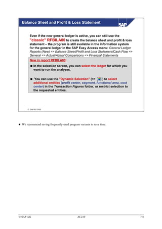 Balance Sheet and Profit & Loss Statement


        Even if the new general ledger is active, you can still use the
        "classic" RFBILA00 to create the balance sheet and profit & loss
        statement – the program is still available in the information system
        for the general ledger in the SAP Easy Access menu: General Ledger
        Reports (New) => Balance Sheet/Profit and Loss Statement/Cash Flow =>
        General => Actual/Actual Comparisons => Financial Statements
        New in report RFBILA00:
           In the selection screen, you can select the ledger for which you
           want to run the analyses.

            You can use the "Dynamic Selection" (=>         ) to select
           additional entities (profit center, segment, functional area, cost
           center) in the Transaction Figures folder, or restrict selection to
           the requested entities.




       SAP AG 2003




  We recommend saving frequently-used program variants to save time.




© SAP AG                                     AC210                               7-6
 