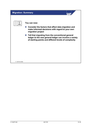 Migration: Summary



                     You can now:

                       Consider the factors that affect data migration and
                       make informed decisions with regard to your own
                       migration project
                       Tell that migrating from the conventional general
                       ledger to the new general ledger can involve a variety
                       of starting points and different levels of complexity




      SAP AG 2003




© SAP AG                               AC210                                    8-10
 