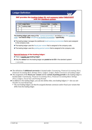 Ledger Definition

       SAP provides the leading ledger 0L and summary table FAGLFLEXT
                           with the standard system.
       Define Ledgers in General Leader Accounting
           LD    Ledger Name                    Summary Table   Leading
           0L    Leading Ledger                 FAGLFLEXT




                                                                                         SPRO


    The leading ledger gets many of its "control parameters" (as before) from the company
    code – we tried to keep everything as familiar as possible – specifically:

      The leading ledger manages the (additional) local currency (currencies) that is (are) assigned
      to the company code.
      The leading ledger uses the fiscal year variant that is assigned to the company code.
      The leading ledger uses the posting period variant that is assigned to the company code.



    Special features of the leading ledger:
      There is exactly one leading ledger!
      Only the values from the leading ledger are posted on to CO in the standard system!
       SAP AG 2003




  The definition of additional currencies is located under: Customizing, Financial Accounting (New),
  Financial Accounting Basic Settings (New), Ledgers, Ledger, Define Currencies of Leading Ledger
  The assignment of the fiscal year variant and the variant of posting periods to the leading ledger is
  located under: Customizing, Financial Accounting (New), Financial Accounting Basic Settings
  (New), Ledgers, Fiscal Year and Posting Periods
  In addition to the leading ledger, you can also define other, non-leading ledgers (=> also see unit
  Parallel Account Rendering).
    The non-leading ledgers can then be assigned alternate currencies and/or fiscal year variants that
    differ from the leading ledger.




© SAP AG                                             AC210                                             2-7
 