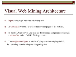 Visual Web Mining Architecture
 Input : web pages and web server log files
 A web robot (webbot) is used to retrieve the pages of the website.
 In parallel, Web Server Log files are downloaded and processed through
a sessionizer and a LOGML file is generated.
 The Integration Engine is a suite of programs for data preparation,
i.e., cleaning, transforming and integrating data.
 
