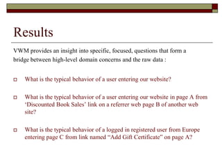 Results
VWM provides an insight into specific, focused, questions that form a
bridge between high-level domain concerns and the raw data :
 What is the typical behavior of a user entering our website?
 What is the typical behavior of a user entering our website in page A from
„Discounted Book Sales‟ link on a referrer web page B of another web
site?
 What is the typical behavior of a logged in registered user from Europe
entering page C from link named “Add Gift Certificate” on page A?
 