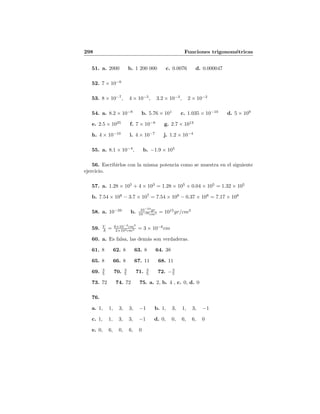298 Funciones trigonom´etricas
51. a. 2000 b. 1 200 000 c. 0.0076 d. 0.000047
52. 7 × 10−6
53. 8 × 10−7
, 4 × 10−5
, 3.2 × 10−3
, 2 × 10−2
54. a. 8.2 × 10−8
b. 5.76 × 101
c. 1.035 × 10−10
d. 5 × 109
e. 2.5 × 1025
f. 7 × 10−8
g. 2.7 × 1013
h. 4 × 10−10
i. 4 × 10−7
j. 1.2 × 10−4
55. a. 8.1 × 10−4
, b. −1.9 × 105
56. Escribirlos con la misma potencia como se muestra en el siguiente
ejercicio.
57. a. 1.28 × 105
+ 4 × 103
= 1.28 × 105
+ 0.04 × 105
= 1.32 × 105
b. 7.54 × 108
− 3.7 × 107
= 7.54 × 108
− 0.37 × 108
= 7.17 × 108
58. a. 10−39
b. 10−24
gr
10−39cm3 = 1015
gr/cm3
59. V
A = 6×10−2
cm3
2×104cm2 = 3 × 10−6
cm
60. a. Es falsa, las dem´as son verdaderas.
61. 8 62. 8 63. 8 64. 38
65. 8 66. 8 67. 11 68. 11
69. 3
5 70. 3
5 71. 3
5 72. −3
5
73. 72 74. 72 75. a. 2, b. 4 , c. 0, d. 0
76.
a. 1, 1, 3, 3, −1 b. 1, 3, 1, 3, −1
c. 1, 1, 3, 3, −1 d. 0, 0, 6, 6, 0
e. 0, 6, 0, 6, 0
 