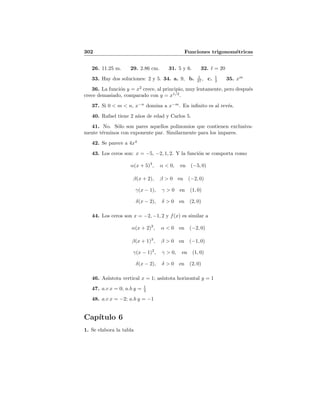 302 Funciones trigonom´etricas
26. 11.25 m. 29. 2.86 cm. 31. 5 y 6. 32. = 20
33. Hay dos soluciones: 2 y 5. 34. a. 9, b. 1
27 , c. 1
2 35. xm
36. La funci´on y = x2
crece, al principio, muy lentamente, pero despu´es
crece demasiado, comparado con y = x1/2
.
37. Si 0 < m < n, x−n
domina a x−m
. En inﬁnito es al rev´es.
40. Rafael tiene 2 a˜nos de edad y Carlos 5.
41. No. S´olo son pares aquellos polinomios que contienen exclusiva-
mente t´erminos con exponente par. Similarmente para los impares.
42. Se parece a 4x4
43. Los ceros son: x = −5, −2, 1, 2. Y la funci´on se comporta como
α(x + 5)3
, α < 0, en (−5, 0)
β(x + 2), β > 0 en (−2, 0)
γ(x − 1), γ > 0 en (1, 0)
δ(x − 2), δ > 0 en (2, 0)
44. Los ceros son x = −2, −1, 2 y f(x) es similar a
α(x + 2)2
, α < 0 en (−2, 0)
β(x + 1)3
, β > 0 en (−1, 0)
γ(x − 1)2
, γ > 0, en (1, 0)
δ(x − 2), δ > 0 en (2, 0)
46. As´ıntota vertical x = 1; as´ıntota horizontal y = 1
47. a.v x = 0; a.h y = 1
3
48. a.v x = −2; a.h y = −1
Cap´ıtulo 6
1. Se elabora la tabla
 