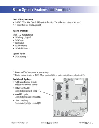 Basic System Features and Functions

 Power Requirements



 System Outputs
 Setup 1 (As Manufactured)



              (Stereo)


 Optional Devices




                                                                                                                             FUSE
 Additional Options                             K8                                   W2
                                                                                                          K5
                                                                              W3
                                                                     J1 J1A
                                                                                                                      J10



                                                                            J2A
                                                                                                                            J18




                                                                                                          2 3
                                                                                                     1
                                                                                                U4       J12

                                                     J2



                                                                                                                            J13
                                                                                         BALBOA INSTRUMENTS, INC. 2-SPD
                                                  J60      J22                       J44 VS500Z                   EXT RLY
                                                                    J7       J8
                                                                                         P/N 22972 REV D


                                                 EXT.     AUX. F                     VAC MADE IN U.S.A
                                                 RLY               SEN. A   SEN. B        COPYRIGHT 2005




http://www.MyPoolSpas.com    Wholesale Pool and Spa Parts
                                       Page 3                                                                   920-925-3094
                                                                                                                         54635-01_A
 