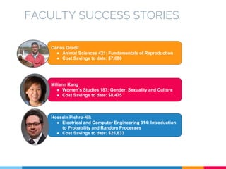 FACULTY SUCCESS STORIES
Carlos Gradil
● Animal Sciences 421: Fundamentals of Reproduction
● Cost Savings to date: $7,680
Miliann Kang
● Women’s Studies 187: Gender, Sexuality and Culture
● Cost Savings to date: $8,475
Hossein Pishro-Nik
● Electrical and Computer Engineering 314: Introduction
to Probability and Random Processes
● Cost Savings to date: $25,833
 
