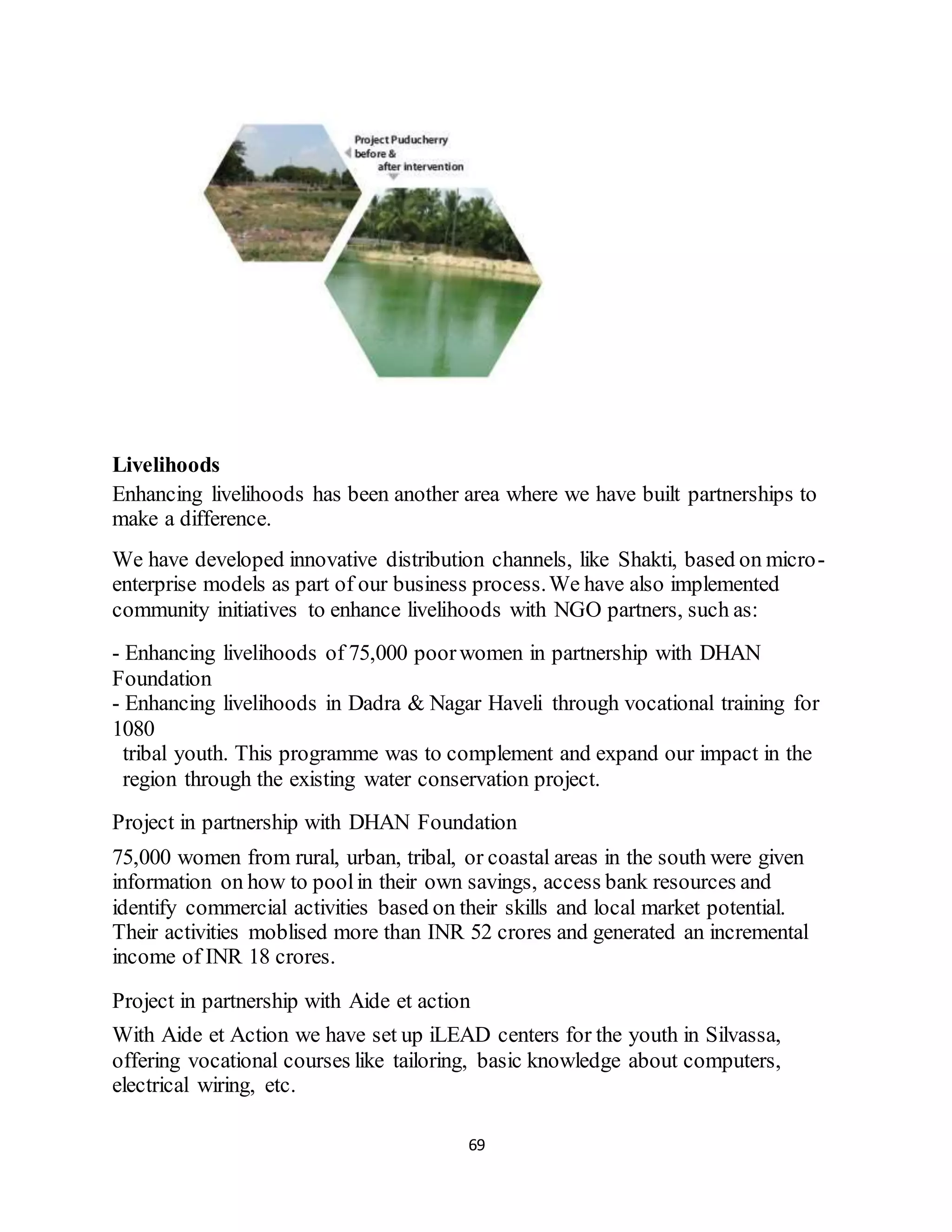 69
Livelihoods
Enhancing livelihoods has been another area where we have built partnerships to
make a difference.
We have developed innovative distribution channels, like Shakti, based on micro-
enterprise models as part of our business process.We have also implemented
community initiatives to enhance livelihoods with NGO partners, such as:
- Enhancing livelihoods of 75,000 poorwomen in partnership with DHAN
Foundation
- Enhancing livelihoods in Dadra & Nagar Haveli through vocational training for
1080
tribal youth. This programme was to complement and expand our impact in the
region through the existing water conservation project.
Project in partnership with DHAN Foundation
75,000 women from rural, urban, tribal, or coastal areas in the south were given
information on how to poolin their own savings, access bank resources and
identify commercial activities based on their skills and local market potential.
Their activities moblised more than INR 52 crores and generated an incremental
income of INR 18 crores.
Project in partnership with Aide et action
With Aide et Action we have set up iLEAD centers for the youth in Silvassa,
offering vocational courses like tailoring, basic knowledge about computers,
electrical wiring, etc.
 