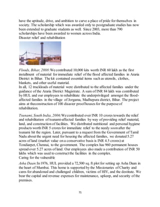 71
have the aptitude, drive, and ambition to carve a place of pride for themselves in
society. The scholarship which was awarded only to postgraduate studies has now
been extended to graduate students as well. Since 2003, more than 790
scholarships have been awarded to women across India.
Disaster relief and rehabilitation
Floods, Bihar, 2008:Wecontributed 10,000 kits worth INR 60 lakh as the first
installment of material for immediate relief of the flood affected families in Araria
District in Bihar. The kit contained essential items such as utensils, clothes,
blankets, and other useful material.
In all, 12 truckloads of material were distributed to the affected families under the
guidance of the Araria District Magistrate. A sum of INR 84 lakh was contributed
by HUL and our employees to rehabilitate the underprivileged amongst the flood-
affected families in the village of Jorgama, Madhepura district, Bihar. The project
aims at theconstruction of 100 disaster proofhouses for the purposeof
rehabilitation.
Tsunami, South India, 2006:Wecontributed over INR 10 crores towards the relief
and rehabilitation of tsunami-affected families by way of providing relief material,
land, and construction of facilities. We distributed nutritional and personal hygiene
products worth INR 5 crores for immediate relief to the needy soonafter the
tsunami hit the region. Later, pursuant to a request from the Government of Tamil
Nadu about the urgent need for housing the affected families, we donated 5.27
acres of land (market value on a conservative basis is INR 4.5 crores) at
Tondiarpet, Chennai, to the government. The complex has 960 permanent houses
spread over 5.27 acres of land. Our employees also made a contribution of INR 50
lakhs which was used to constructthe facilities in the complex.
Caring for the vulnerable
Asha Daan:In1976, HUL provided a 72,500 sq. ft plot for setting up Asha Daan in
the heart of Mumbai. This home is supported by the Missionaries of Charity and
cares for abandoned and challenged children, victims of HIV, and the destitute. We
bear the capital and revenue expenses for maintenance, upkeep, and security of the
premises.
 