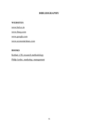 75
BIBLIOGRAPHY
WEBSITES
www.hul.co.in
www.fmcg.com
www.google.com
www.economictimes.com
BOOKS
Kothari ,CR, research methodology
Philip kotler, marketing management
 