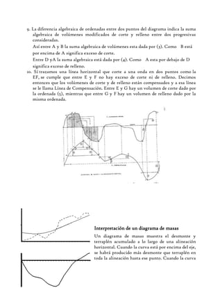 9. La diferencia algebraica de ordenadas entre dos puntos del diagrama indica la suma
algebraica de volúmenes modificados de corte y relleno entre dos progresivas
consideradas.
Así entre A y B la suma algebraica de volúmenes esta dada por (3). Como B está
por encima de A significa exceso de corte.
Entre D yA la suma algebraica está dada por (4). Como A esta por debajo de D
significa exceso de relleno.
10. Sí trazamos una línea horizontal que corte a una onda en dos puntos como la
EF, se cumple que entre E y F no hay exceso de corte ni de relleno. Decimos
entonces que los volúmenes de corte y de relleno están compensados y a esa línea
se le llama Línea de Compensación. Entre E y G hay un volumen de corte dado por
la ordenada (5), mientras que entre G y F hay un volumen de relleno dado por la
misma ordenada.
Interpretación de un diagrama de masas
Un diagrama de masas muestra el desmonte y
terraplén acumulado a lo largo de una alineación
horizontal. Cuando la curva está por encima del eje,
se habrá producido más desmonte que terraplén en
toda la alineación hasta ese punto. Cuando la curva
 