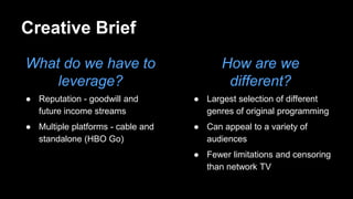 Creative Brief
What do we have to
leverage?
● Reputation - goodwill and
future income streams
● Multiple platforms - cable and
standalone (HBO Go)
How are we
different?
● Largest selection of different
genres of original programming
● Can appeal to a variety of
audiences
● Fewer limitations and censoring
than network TV
 