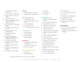 Environment, Culture, and Conservation (ECCo) • The Field Museum • Research Report 27
4.	 Archer Heights Chamber of
Commerce
5.	 Archer Heights Civic Association
6.	 Balzekas Museum of Lituanian
Culture
7.	 Block Club on Avers
8.	 Greater Southwest Development
Corporation (GSDC)
9.	 Healthy Chicago Lawn
10.	Inner-City Muslim Action Network
(IMAN)
11.	International Human Relations
Council
12.	Latino Organization of the
Southwest (LOS)
13.	Marquette Park Security
Commission
14.	Social Services Assisting
Neighborhood Arab American
Development (SANAD)
15.	Southwest Chicago PADS
16.	Southwest Organizing Project
(SWOP)
17.	Southwest Women Working
Together
18.	Southwest Youth Collaborative
(SWYC)
19.	West Elsdon Civic Association
Gardens
1.	 Healthy Chicago Lawn garden
2.	 Residential Sustainable Backyard
Government Agencies
1.	 13th Aldermanic Office
2.	 8th District Police Station & CAPS
office
3.	 Archer Heights Library
4.	 Chicago Lawn Library
5.	 U.S. Army Reserve Training Center
Green Homes*
1.	 Green Bungalow
2.	 Green Bungalow
3.	 Green Bungalow
4.	 Green Bungalow
Health Care
1.	 Chicago Family Health Center -
Chicago Lawn
2.	 Greater Lawn Health Center
3.	 Holy Cross Hospital
Public Parks/Natural Areas
1.	 Archer Park
2.	 Catalpa Playlot Park
3.	 Curie Park
4.	 Marquette Park
5.	 Senka Park
Schools/Universities
1.	 Academy for Global Citizenship
(AGC)*
2.	 Curie Metropolitan High School
3.	 Eberhart Elementary School
4.	 Fairfield Elementary Academy
5.	 Gage Park High School
6.	 Hancock High School
7.	 Hearst Elementary School Buildings
8.	 Hubbard High School & Athletic
Field
9.	 Irene Hernandez Middle School
10.	Maria High School
11.	Mariano Azuela Elementary School
12.	Marquette Elementary School
13.	Morrill Elementary School
14.	Pasteury Elementary School
15.	Peck Elementary School
16.	Phoebe A. Hearst Fine Arts Magnet
School
17.	Richard Edwards Elementary School
18.	Richard J. Daley College
19.	St. Bruno Catholic School
20.	St. Gall School
21.	St. Richards Elementary School
22.	St. Turibius
23.	Tarkington School of Excellence*
24.	Tonti Elementary School
25.	UNO Soccer Academy*
26.	Young Scholars Development
Institute
Other Nonprofit
1.	 Greater Chicago Food Depository
2.	 Metropolitan Family Services
3.	 Neighborhood Housing Services of
Chicago
* Officially recognized by the City of Chicago as a Green Building.
 