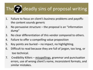 The deadly sins of proposal writing
1. Failure to focus on client’s business problems and payoffs-
the content sounds generic
2. No persuasive structure – the proposal is an “information
dump”
3. No clear differentiation of this vendor compared to others.
4. Failure to offer a compelling value proposition
5. Key points are buried – no impact, no highlighting.
6. Difficult to read because they are full of jargon, too long, or
too technical.
7. Credibility Killers – misspellings, grammar and punctuation
errors, use of wrong client’s name, inconsistent formats, and
similar mistakes.
 