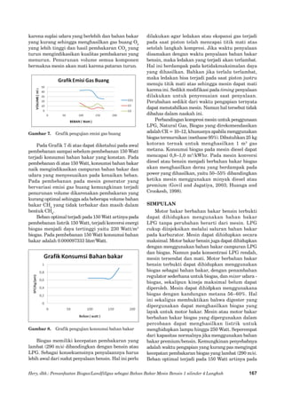 Hery, dkk.: Pemanfaatan Biogas/Landfillgas sebagai Bahan Bakar Mesin Bensin 1 silinder 4 Langkah 167 
karena suplai udara yang berlebih dan bahan bakar yang kurang sehingga menghasilkan gas buang O2 yang lebih tinggi dan hasil pembakaran CO2 yang turun mengindikasikan kualitas pembakaran yang menurun. Penurunan volume semua komponen bermakna mesin akan mati karena putaran turun. 
Gambar 7. Grafik pengujian emisi gas buang 
Pada Grafik 7 di atas dapat diketahui pada awal pembebanan sampai sebelum pembebanan 150 Watt terjadi konsumsi bahan bakar yang konstan. Pada pembebanan di atas 150 Watt, konsumsi bahan bakar naik mengindikasikan campuran bahan bakar dan udara yang menyesuaikan pada kenaikan beban. Pada pembebanan pada mesin generator yang bervariasi emisi gas buang kemungkinan terjadi penurunan volume dikarenakan pembakaran yang kurang optimal sehingga ada beberapa volume bahan bakar CH4 yang tidak terbakar dan masih dalam bentuk CH4. 
Beban optimal terjadi pada 150 Watt artinya pada pembebanan listrik 150 Watt, terjadi konversi energi biogas menjadi daya tertinggi yaitu 230 Watt/m3 biogas. Pada pembebanan 150 Watt konsumsi bahan bakar adalah 0.000097333� liter/Watt. 
Gambar 8. Grafik pengujian konsumsi bahan bakar 
Biogas memiliki kecepatan pembakaran yang lambat (290 m/s) dibandingkan dengan bensin atau LPG. Sebagai konsekuensinya penyalaannya harus lebih awal dari sudut penyalaan bensin. Hal ini perlu dilakukan agar ledakan atau ekspansi gas terjadi pada saat piston telah mencapai titik mati atas setelah langkah kompresi. Jika waktu penyalaan disamakan dengan waktu penyalaan bahan bakar bensin, maka ledakan yang terjadi akan terlambat. Hal ini berdampak pada ketidakmaksimalan daya yang dihasilkan. Bahkan jika terlalu terlambat, maka ledakan bisa terjadi pada saat piston justru menuju titik mati atas sehingga mesin dapat mati karena ini. Sedikit modifikasi pada timing penyalaan dilakukan untuk penyesuaian saat penyalaan. Perubahan sedikit dari waktu pengapian ternyata dapat menstabilkan mesin. Namun hal tersebut tidak dibahas dalam naskah ini. 
Perbandingan kompresi mesin untuk penggunaan LPG, Natural Gas, Biogas yang direkomendasikan adalah CR = 10–12, khususnya apabila menggunakan biogas termurnikan (methane 95%). Dibutuhkan 25 kg 
kotoran ternak untuk menghasilkan 1 m3 gas metana. Konsumsi biogas pada mesin diesel dapat mencapai 0,8–1,0 m3/kWhr. Pada mesin konversi diesel atau bensin menjadi berbahan bakar biogas akan menghasilkan derau yang berdampak pada power yang dihasilkan, yaitu 50–55% dibandingkan ketika mesin menggunakan minyak diesel atau premium (Govil and Jagatiya, 2003; Huanga and Crookesh, 1998). 
SIMPULAN 
Motor bakar berbahan bakar bensin terbukti dapat dihidupkan mengunakan bahan bakar LPG tanpa perubahan berarti dari mesin. LPG cukup diinjeksikan melalui saluran bahan bakar pada karburator. Mesin dapat dihidupkan secara maksimal. Motor bakar bensin juga dapat dihidupkan dengan menggunakan bahan bakar campuran LPG dan biogas. Namun pada konsentrasi LPG rendah, mesin tersendat dan mati. Motor berbahan bakar bensin terbukti dapat dihidupkan menggunakan biogas sebagai bahan bakar, dengan penambahan regulator sederhana untuk biogas, dan mixer udara - 
biogas, sekalipun kineja maksimal belum dapat diperoleh. Mesin dapat dihidpkan menggunakana biogas dengan kandungan metana 56–60%. Hal ini sekaligus membuktikan bahwa digester yang dipergunakan dapat menghasilkan biogas yang layak untuk motor bakar. Mesin atau motor bakar berbahan bakar biogas yang dipergunakan dalam percobaan dapat menghasilkan listrik untuk menghidupkan lampu hingga 250 Watt. Seperempat dari kapasitas normalnya jika menggunakan bahan bakar premium/bensin. Kemungkinan penyebabnya adalah waktu pengapian yang kurang pas mengingat kecepatan pembakaran biogas yang lambat (290 m/s)�. Beban optimal terjadi pada 150 Watt artinya pada  