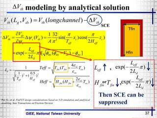 GIEE, National Taiwan University 37
modeling by analytical solution
( , ) ( )th g ds th thV L V V longchannel V  
2
1 32
( ) sin( )cos( )
2
exp( )[ ( ) ]
2
gs
th c ds c c
c eff eff
eff
ms ms ds ms
d
V
V V x z
A T H
L
V
L
 

 
   

   

   
2 2
1
1 0.5
( ) ( )
d
eff eff
L
T H


Pei, G., et al. FinFET design considerations based on 3-D simulation and analytical
modeling. Ieee Transactions on Electron Devices
4
( )
2
( )
si
fin fin ox
ox
si
fin fin ox
ox
Teff T T T
Heff H H T




 
 
SCE
,
,or
exp( )
2
eff
d
L
L

finTfinH
effL
exp( )
2
eff
d
L
L

Then SCE can be
suppressed
thV
Tfin
Hfin
 