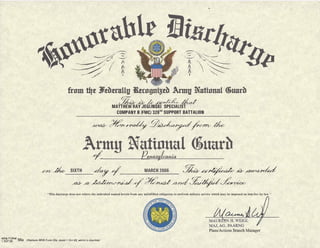 � �12
_______-;; ,::;i( �i��
I
frnm t!Jt ltftbtntllu iltcngni5tb Army Natinnal C&uarb
� � ,k i',O�-LJ/ /dd
COMPANY B (FMC) 328
MATTHEW RAY
m
JEGLINSKl SPECIALIST
SUPPORT BATTALION
��yj)���
Army Nnttnunl �unrh� /?enn6vlania
�� SIXTH �f MARCH2006 ����
AW�������
"This discharge does not relieve the individual named herein from any unfulfilled obligation to perform military service which may be imposed on him/her by law."
Plans/Actions Branch Manager
��::�RM 55a (Replaces NGB Form 55a, dated 1 Oct 83, which is obsolete/
 