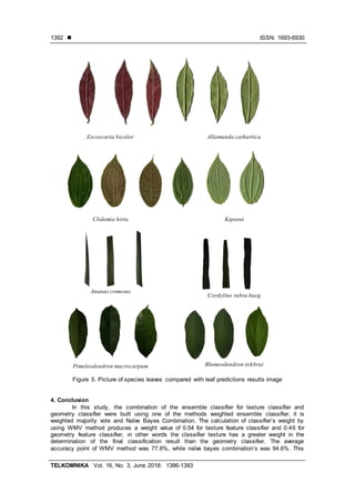  ISSN: 1693-6930
TELKOMNIKA Vol. 16, No. 3, June 2018: 1386-1393
1392
Figure 5. Picture of species leaves compared with leaf predictions results image
4. Conclusion
In this study, the combination of the ensemble classifier for texture classifier and
geometry classifier were built using one of the methods weighted ensemble classifier, it is
weighted majority vote and Naïve Bayes Combination. The calculation of classifier’s weight by
using WMV method produces a weight value of 0.54 for texture feature classifier and 0.46 for
geometry feature classifier, in other words the classifier texture has a greater weight in the
determination of the final classification result than the geometry classifier. The average
accuracy point of WMV method was 77.8%, while naïve bayes combination’s was 94.6%. This
Excoecaria bicolor Allamanda cathartica
Clidemia hirta Kipeeut
Ananas comosus
Cordyline rubra hueg
Pimeleodendron macrocarpum Blumeodendron tokbrai
 
