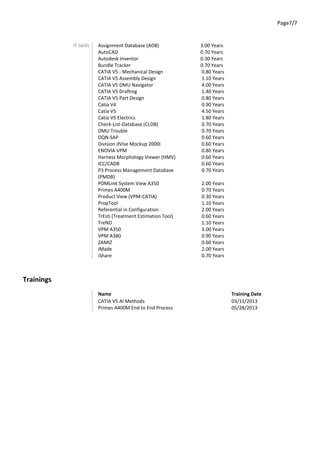 Page7/7
IT-Skills Assignment Database (ADB) 3.00 Years
AutoCAD 0.70 Years
Autodesk Inventor 0.30 Years
Bundle Tracker 0.70 Years
CATIA V5 - Mechanical Design 0.80 Years
CATIA V5 Assembly Design 1.10 Years
CATIA V5 DMU Navigator 4.00 Years
CATIA V5 Drafting 1.40 Years
CATIA V5 Part Design 0.80 Years
Catia V4 0.90 Years
Catia V5 4.50 Years
Catia V5 Electrics 1.80 Years
Check-List-Database (CLDB) 0.70 Years
DMU Trouble 0.70 Years
DQN-SAP 0.60 Years
Division dVise Mockup 2000i 0.60 Years
ENOVIA VPM 0.80 Years
Harness Morphology Viewer (HMV) 0.60 Years
ICC/CADB 0.60 Years
P3 Process Management Database
(PMDB)
0.70 Years
PDMLink System View A350 2.00 Years
Primes A400M 0.70 Years
Product View (VPM-CATIA) 0.30 Years
PropTool 1.10 Years
Referential in Configuration 2.00 Years
TrEsti (Treatment Estimation Tool) 0.60 Years
TreND 1.10 Years
VPM A350 3.00 Years
VPM A380 0.90 Years
ZAMIZ 0.60 Years
iMade 2.00 Years
iShare 0.70 Years
Trainings
Name Training Date
CATIA V5 AI Methods 03/11/2013
Primes A400M End to End Process 05/28/2013
 