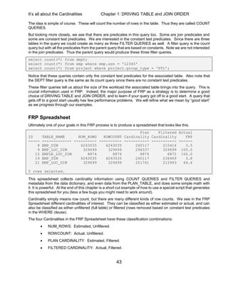 It’s all about the Cardinalities Chapter 1: DRIVING TABLE and JOIN ORDER
43
The idea is simple of course. These will count the number of rows in the table. Thus they are called COUNT
QUERIES.
But looking more closely, we see that there are predicates in this query too. Some are join predicates and
some are constant test predicates. We are interested in the constant test predicates. Since there are three
tables in the query we could create as many as three FILTER QUERIES as well. A filter query is the count
query but with all the predicates from the parent query that are based on constants. Note we are not interested
in the join predicates. Thus the parent query would produce these three filter queries.
select count(*) from dept;
select count(*) from emp where emp.ssn = '12345'
select count(*) from project where project.group_type = 'PT1’;
Notice that these queries contain only the constant test predicates for the associated table. Also note that
the DEPT filter query is the same as its count query since there are no constant test predicates.
These filter queries tell us about the size of the workload the associated table brings into the query. This is
crucial information used in FRP. Indeed, the major purpose of FRP as a strategy is to determine a good
choice of DRIVING TABLE and JOIN ORDER, and to learn if your query got off to a good start. A query that
gets off to a good start usually has few performance problems. We will refine what we mean by “good start”
as we progress through our examples.
FRP Spreadsheet
Ultimately one of your goals in this FRP process is to produce a spreadsheet that looks like this.
Plan Filtered Actual
ID TABLE_NAME NUM_ROWS ROWCOUNT Cardinality Cardinality FRP
----- ------------- ---------- ---------- ----------- ----------- ------
8 EMP_DIM 6243035 6243035 240117 215414 3.5
9 EMP_LOC_DIM 329699 329699 296337 329699 100.0
15 EMPLR_LOC_DIM 8874 8874 8874 8872 100.0
19 EMP_DIM 6243035 6243035 240117 236469 3.8
21 EMP_LOC_DIM 329699 329699 251761 212993 64.6
5 rows selected.
This spreadsheet collects cardinality information using COUNT QUERIES and FILTER QUERIES and
metadata from the data dictionary, and even data from the PLAN_TABLE, and does some simple math with
it. It is powerful. At the end of this chapter is a short cut example of how to use a special script that generates
this spreadsheet for you (less a few bugs you might need to work around).
Cardinality simply means row count, but there are many different kinds of row counts. We see in the FRP
Spreadsheet different cardinalities of interest. They can be classified as either estimated or actual, and can
also be classified as either unfiltered (full table) or filtered (rows removed based on constant test predicates
in the WHERE clause).
The four Cardinalities in the FRP Spreadsheet have these classification combinations:
 NUM_ROWS: Estimated, Unfiltered.
 ROWCOUNT: Actual, Unfiltered.
 PLAN CARDINALITY: Estimated, Filtered.
 FILTERED CARDINALITY: Actual, Filtered.
 