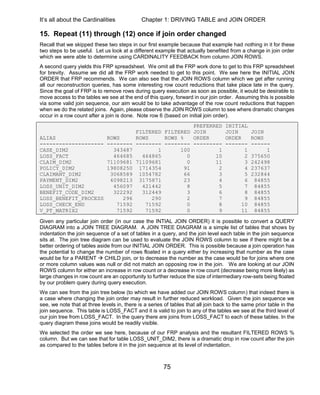 It’s all about the Cardinalities Chapter 1: DRIVING TABLE and JOIN ORDER
75
15. Repeat (11) through (12) once if join order changed
Recall that we skipped these two steps in our first example because that example had nothing in it for these
two steps to be useful. Let us look at a different example that actually benefited from a change in join order
which we were able to determine using CARDINALITY FEEDBACK from column JOIN ROWS.
A second query yields this FRP spreadsheet. We omit all the FRP work done to get to this FRP spreadsheet
for brevity. Assume we did all the FRP work needed to get to this point. We see here the INITIAL JOIN
ORDER that FRP recommends. We can also see that the JOIN ROWS column which we get after running
all our reconstruction queries, has some interesting row count reductions that take place late in the query.
Since the goal of FRP is to remove rows during query execution as soon as possible, it would be desirable to
move access to the tables we see at the end of this query, forward in our join order. Assuming this is possible
via some valid join sequence, our aim would be to take advantage of the row count reductions that happen
when we do the related joins. Again, please observe the JOIN ROWS column to see where dramatic changes
occur in a row count after a join is done. Note row 6 (based on initial join order).
PREFERRED INITIAL
FILTERED FILTERED JOIN JOIN JOIN
ALIAS ROWS ROWS ROWS % ORDER ORDER ROWS
-------------------- -------- -------- -------- --------- ------- ------
CASE_DIM2 343487 1 100 1 1 1
LOSS_FACT 464685 464865 0 10 2 375650
CLAIM_DIM2 71109681 71109681 0 11 3 242498
POLICY_DIM2 19808250 1714354 91 2 4 237637
CLAIMANT_DIM2 3068589 1054782 66 3 5 232844
PAYMENT_DIM2 4098213 3175871 23 4 6 84855
LOSS_UNIT_DIM2 456097 421442 8 5 7 84855
BENEFIT_CODE_DIM2 322292 312449 3 6 8 84855
LOSS_BENEFIT_PROCESS 296 290 2 7 9 84855
LOSS_CHECK_END 71592 71592 0 8 10 84855
V_PT_MATRIX2 71592 71592 0 9 11 84855
Given any particular join order (in our case the INTIAL JOIN ORDER) it is possible to convert a QUERY
DIAGRAM into a JOIN TREE DIAGRAM. A JOIN TREE DIAGRAM is a simple list of tables that shows by
indentation the join sequence of a set of tables in a query, and the join level each table in the join sequence
sits at. The join tree diagram can be used to evaluate the JOIN ROWS column to see if there might be a
better ordering of tables aside from our INITIAL JOIN ORDER. This is possible because a join operation has
the potential to change the number of rows floated in a query either by increasing that number as the case
would be for a PARENT  CHILD join, or to decrease the number as the case would be for joins where one
or more column values was null or did not match an opposing row in the join. We are looking at our JOIN
ROWS column for either an increase in row count or a decrease in row count (decrease being more likely) as
large changes in row count are an opportunity to further reduce the size of intermediary row-sets being floated
by our problem query during query execution.
We can see from the join tree below (to which we have added our JOIN ROWS column) that indeed there is
a case where changing the join order may result in further reduced workload. Given the join sequence we
see, we note that at three levels in, there is a series of tables that all join back to the same prior table in the
join sequence. This table is LOSS_FACT and it is valid to join to any of the tables we see at the third level of
our join tree from LOSS_FACT. In the query there are joins from LOSS_FACT to each of these tables. In the
query diagram these joins would be readily visible.
We selected the order we see here, because of our FRP analysis and the resultant FILTERED ROWS %
column. But we can see that for table LOSS_UNIT_DIM2, there is a dramatic drop in row count after the join
as compared to the tables before it in the join sequence at its level of indentation.
 